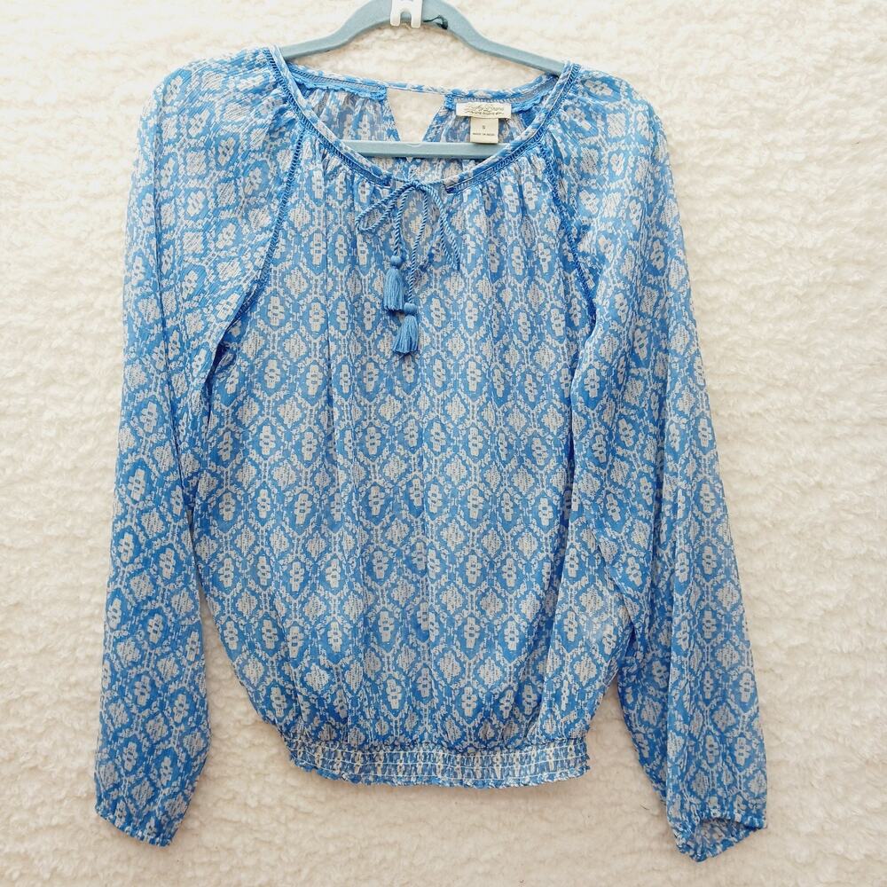 Blouse Blue Boho Ladderback Lace Peasant Cottagecore Festival Tassel Sheer Sz S